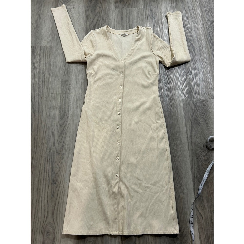 Splendid Ribbed Button Down Midi Dress Cream V-Neck Long Sleeve cardigan‎ boho